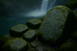 Uralte Glyphen, in Steine gemeißelt von den Kahoos Falls, leuchten schwach im Chamäleon unter Moos