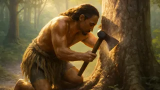 Rata escavando um tronco colossal de kauri enquanto a luz dourada penetra por entre os ramos antigos