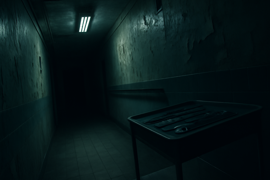 A dim hallway in a run-down building, with surgical tools on a desk behind a swinging door