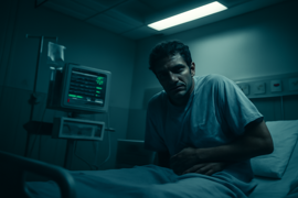 A young man seated on a hospital bed, bandages on his lower back and a haunted expression