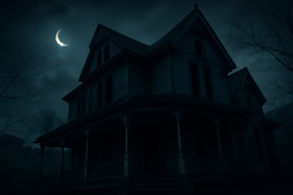 A weathered Victorian house at night, windows dark and boarded, surrounded by empty sidewalks