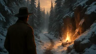 Kim and the lama traveling through a snow-covered mountain pass under starlit skies