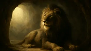 Inside a dim cave, a lion drinks sweet spiced milk offered by a humble woman