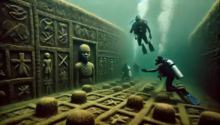 Kwame and local divers explore the depths of the Volta River, discovering the ruins of an ancient submerged palace covered in moss.