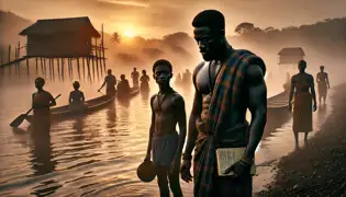 Kwame stands by the Volta River at sunrise, preparing to leave Anum, as Nana Kofi solemnly gazes at the mist-covered water.