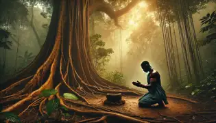 Kwame Mensah kneels before an ancient tree, offering respect to the Forest Spirit as golden light glows through the jungle.