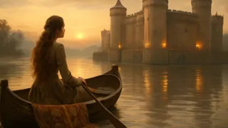 The Lady's boat arriving at Camelot's quay at dawn
