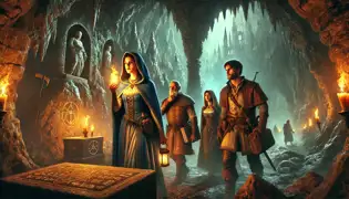  Lady Ivana and her companions exploring a dark cavern beneath Trsat Castle, lit by glowing runes and torchlight.