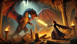 Lady Ivana duels Valmar the dragon in a fiery cavern, wielding a glowing sword against the towering beast.