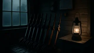 Flickering lantern casts eerie shadows inside a 19th century railway signal box.