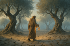 Zeinab walking through a sunbaked olive grove, carrying a glowing lantern at dawn