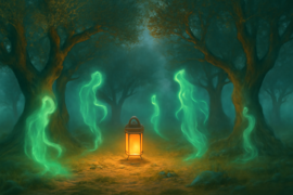 Zeinab in an ancient olive grove clearing, lanterns glowing as spirits swirl around an old tree