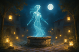 A spectral water spirit rising from a well in Ramallah’s square as lanterns illuminate the scene