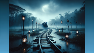 Brilliant lantern glow pierces swampy mist as spectral train approaches