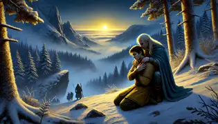 Leena kneels in the snow at dawn, holding Juhani, who looks weak but free. Ilmatar watches from afar before vanishing into the mist.