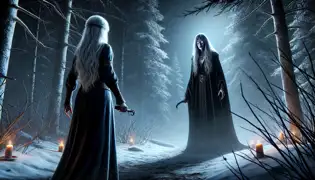 Leena encounters Ilmatar in a snowy clearing, gripping her dagger as the witch, with glowing eyes, smiles knowingly.