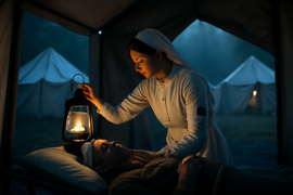 Historic photograph of nurse in white uniform standing among war-era hospital tents