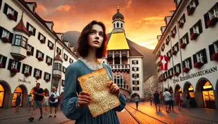  Lena Bergmann stands in front of the Golden Roof at sunset, holding the ancient letter, her expression filled with triumph.