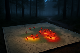 A map overlay showing clusters of UFO sighting locations around a pine forest