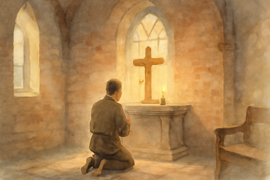 A cobbler kneeling to light a candle in a small chapel