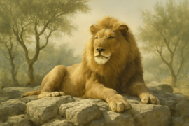 Un lion majestueux dormant sur un rocher ensoleillé au cœur d’un oliveraie.