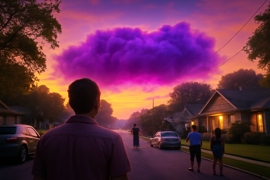 First glimpse of the purple lithium clouds over a suburban Austin street
