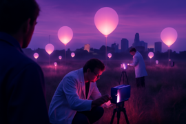 Scientists examining instruments while the purple glow lingers in the sky