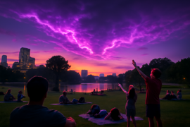 Community gathering in a park under the purple-lit sky