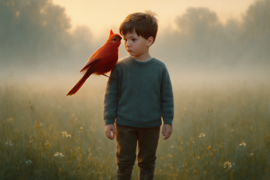 A boy in a misty meadow with a cardinal perched on his shoulder