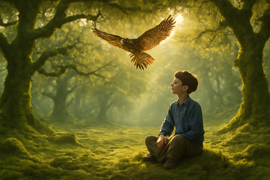 The boy walking through an ancient forest guided by a regal hawk