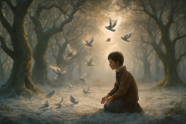 The boy kneeling before an ancient oak as birds gather to witness its revival