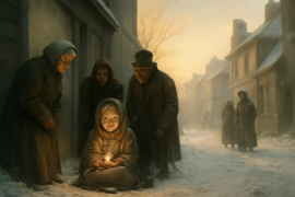 Dernière scène de la fille du match au petit matin, la neige tombant doucement alors que les habitants du village se rassemblent.
