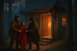 Deux forestiers ramenant Chaperon Rouge à la maison de sa grand-mère au crépuscule.