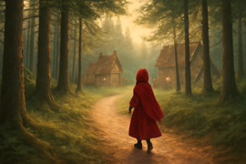 Petite Chaperon Rouge marchant le long d’un sentier forestier ombragé, dominé par des pins majestueux