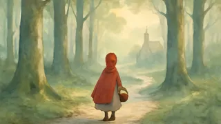 Little Red-Cap walking through a misty forest path under tall beeches