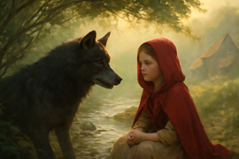 Un loup rusé parlant avec une fille au chaperon rouge, près d’un ruisseau dans la forêt