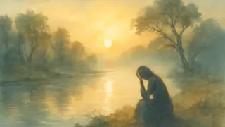 Les premiers rayons de lumière perçant la surface d'une rivière paisible alors qu'une mère fantomatique disparaît dans la brume matinale.
