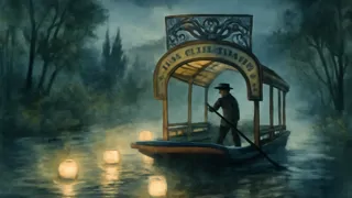 Une embarcation fluviale faiblement éclairée, illuminée par des lanternes flottant dans le brouillard, évoquant la présence haunting de La Llorona.