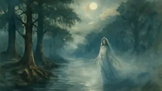 Une femmeSpectrale vêtue de blanc émerge des rives brumeuses d'une rivière sous un ciel étoilé.