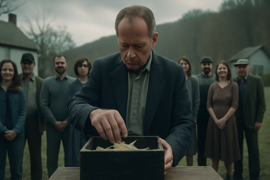 Eine zitternde Hand zieht während des Rituals einen Zettel aus der alten, schwarzen Lotteriekiste.