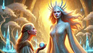 Lára, a luminous figure in silver garments, stands with Freyja in a glowing ethereal valley surrounded by crystal-like trees.