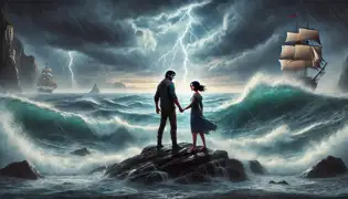 Lucas and Isabela stand at the stormy shoreline, hands clasped as he prepares to sacrifice himself to break her siren’s curse.