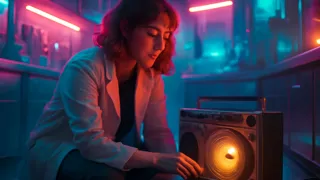 Lucy escucha música vintage en un pequeño altavoz en el laboratorio.