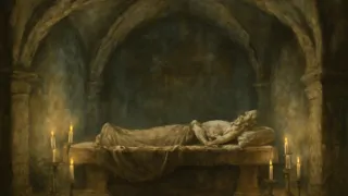 A pale figure lies in a candlelit crypt beneath the House of Usher