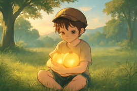 Pommes magiques lumineuses reposant dans les mains du garçon