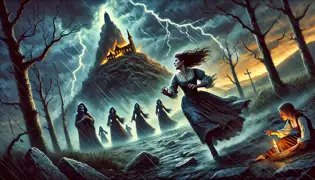 Mara flees down Klek Mountain as lightning flashes behind her, the witches standing in the ruins, watching her escape.