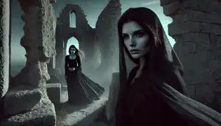 Mara stands in the ruins, face-to-face with a mysterious cloaked woman, the moonlight casting eerie shadows around them.