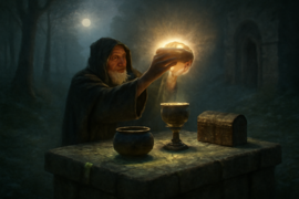 A humble master breaking bread upon an ancient stone dais