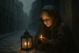Une jeune fille au chômage, agenouillée au coin d'une rue enneigée, en train d'allumer une allumette sous une lanterne à la lumière tamisée.