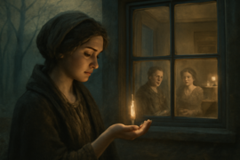 Fille des allumettes regardant des visions de chaleur et de famille à la lueur de ses allumettes.